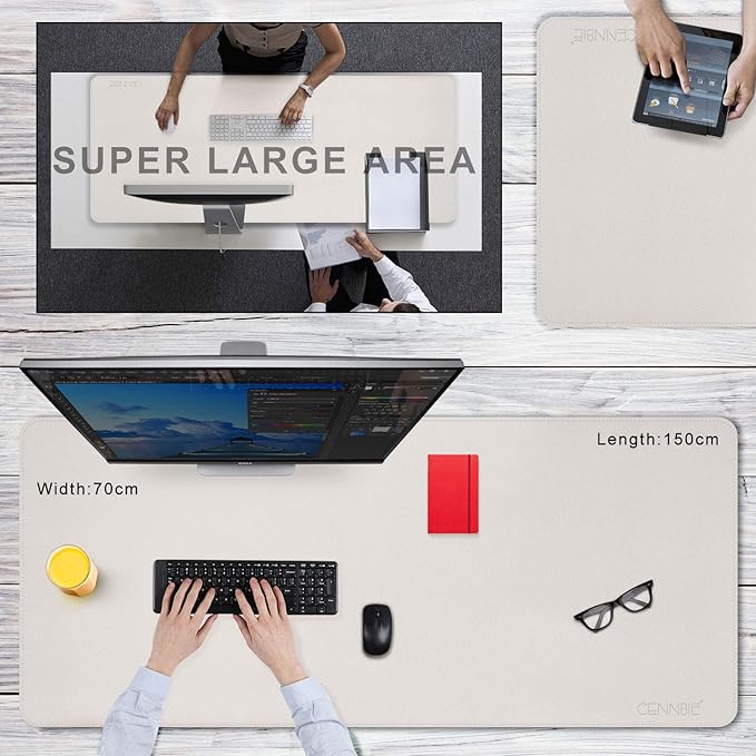 CENNBIE 59" x 27.5" 4XL Super Large Desk Mat - Mega Size Premium Vegan Leather Desk Pad - Ultra Ergocomfort Technology (Cream) | Desk Pads Blotters - TrueDesk