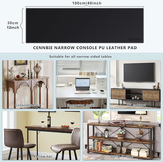 CENNBIE Console Table Leather Cover - 39.4 x 11.8 Inches Sofa Table Narrow Long Mat - TV/Media/Gaming/Center Console Table Protector Pad for Narrow Side Table, Sideboard, Entryway Table (Black) | Desk Pads Blotters - TrueDesk