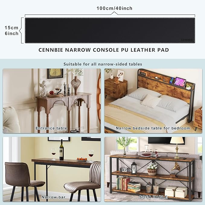 CENNBIE Console Table Leather Cover - 39.4 x 5.9 Inches Narrow Long Mat - TV/Media/Gaming/Center Console Protector Pad for Narrow Side Table, Sideboard (Black) | Desk Pads Blotters - TrueDesk