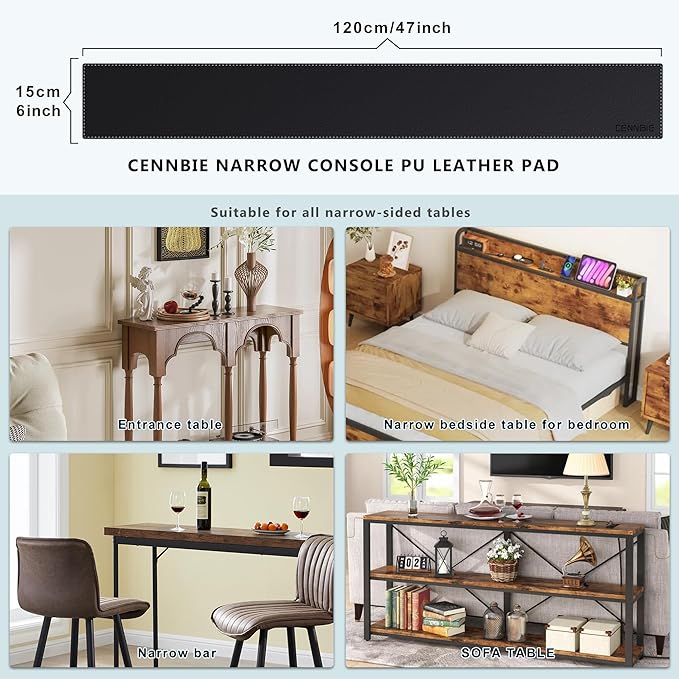 CENNBIE Console Table Leather Cover - 47 x 5.9 Inches Sofa Table Narrow Long Mat - TV/Media/Gaming/Center Console Table Protector Pad for Narrow Side Table, Sideboard, Entryway Table (Black) | Desk Pads Blotters - TrueDesk
