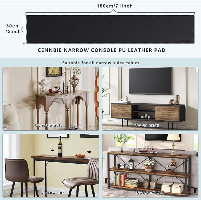 CENNBIE Console Table Leather Cover - 70.8 x 11.8 Inches Sofa Table Narrow Long Mat - TV/Media/Gaming/Center Console Table Protector Pad for Narrow Side Table, Sideboard, Entryway Table (Black) | Desk Pads Blotters - TrueDesk