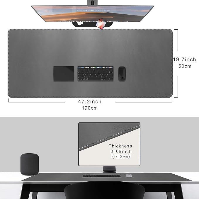 CENNBIE Desk Mat Pad Blotter Protector 47.2" x 19.6", PU Leather Desk Mat Laptop Keyboard Mouse Pad with Comfortable Writing Surface Waterproof (Grey) | Desk Pads Blotters - TrueDesk