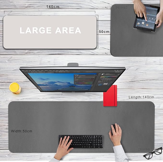 CENNBIE Leather Desk Mat, 55''x19.6'' Extra Large Desk Pad Blotter Protector, Extended Non - Slip Mouse Pad, Waterproof PU Leather Desk Mat on top of desks Large for Office and Home (Grey) | Desk Pads Blotters - TrueDesk