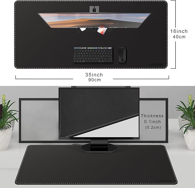 CENNBIE Leather Desk Mat Protector, 35.5" x 16" Extra Large Leather Office Desk Pad Mat for Full Desk, Computer Desk Mat on top of desks - Oversized Large Mouse Pad (Black) | Mouse Pads - TrueDesk
