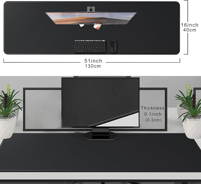 CENNBIE Leather Desk Mat Protector, 51.2" x 16" Extra Large Leather Office Desk Pad Mat for Full Desk, Computer Desk Mat on top of desks - Oversized Large Mouse Pad (Black) | Desk Pads Blotters - TrueDesk