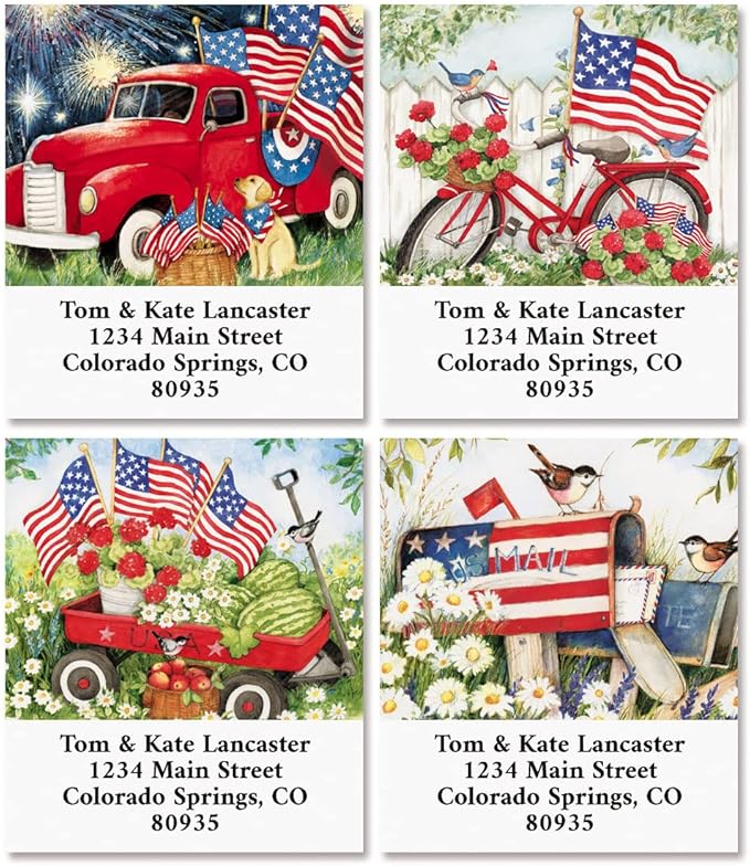 Colorful Images Patriotic Flags Waving Return Address Mailing Labels, Personalized in The USA with Names & Addresses, Set of 144 Self Adhesive, Easy Peel Flat Label Sheets, 1½” x 1¾”, 4 Designs | Address Labels - TrueDesk