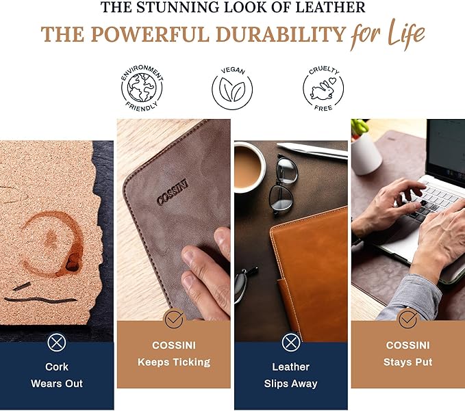 Cossini XL Desk Pad - Large Vegan Leather Desk Mat (17 x 36) - Buttery Smooth Writing, Damage Blocking, Non - Slip, Waterproof - Home Office Computer Desk Protector Blotter Laptop Keyboard Mouse Pad | Desk Pads Blotters - TrueDesk