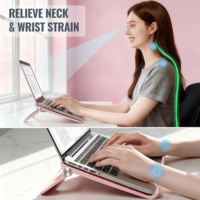 Cute Pink Laptop Stand for Desk - Adjustable Foldable Laptop Riser, Fun White Elephant for Women Coworkers, Ventilated & Sturdy with Anti - Slip Pads for MacBook, Home, Office | Stands - TrueDesk