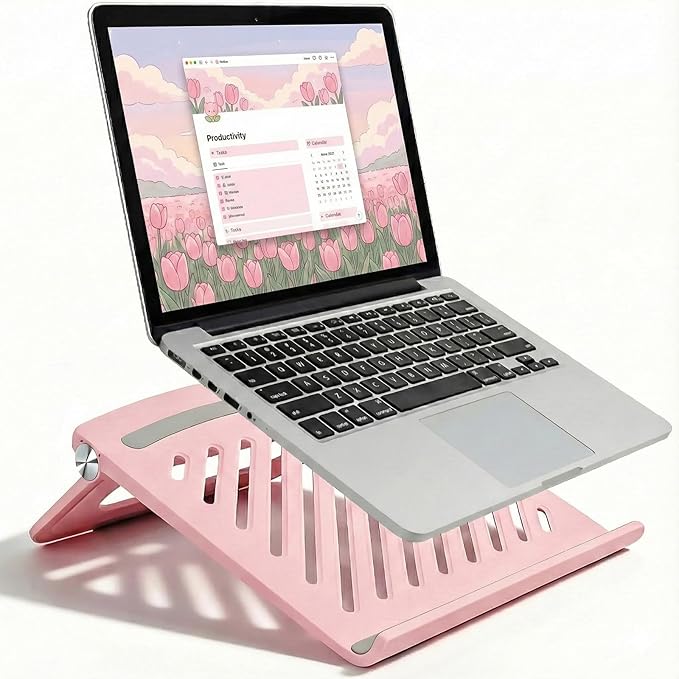 Cute Pink Laptop Stand for Desk - Adjustable Foldable Laptop Riser, Fun White Elephant for Women Coworkers, Ventilated & Sturdy with Anti - Slip Pads for MacBook, Home, Office | Stands - TrueDesk