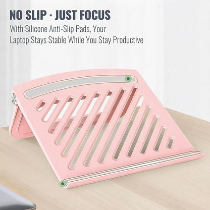 Cute Pink Laptop Stand for Desk - Adjustable Foldable Laptop Riser, Fun White Elephant for Women Coworkers, Ventilated & Sturdy with Anti - Slip Pads for MacBook, Home, Office | Stands - TrueDesk