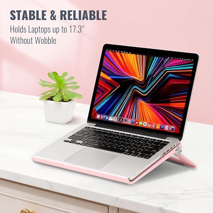 Cute Pink Laptop Stand for Desk - Adjustable Foldable Laptop Riser, Fun White Elephant for Women Coworkers, Ventilated & Sturdy with Anti - Slip Pads for MacBook, Home, Office | Stands - TrueDesk