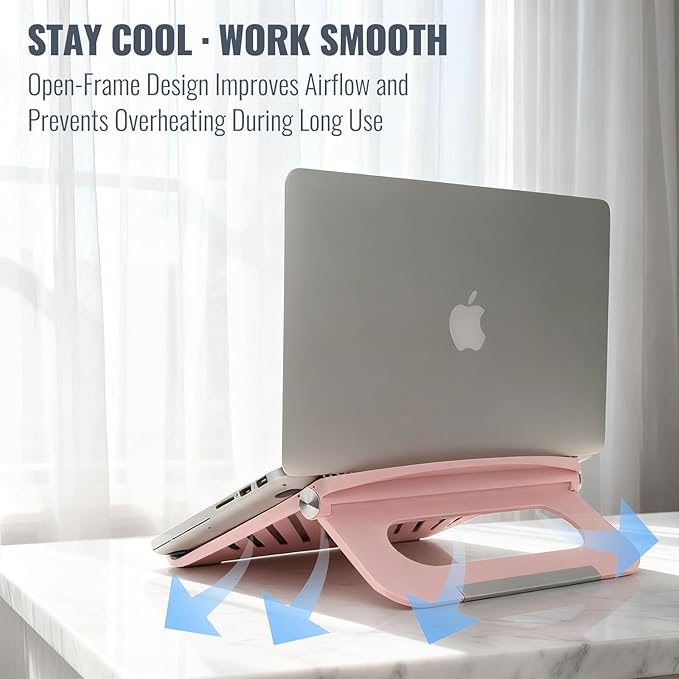 Cute Pink Laptop Stand for Desk - Adjustable Foldable Laptop Riser, Fun White Elephant for Women Coworkers, Ventilated & Sturdy with Anti - Slip Pads for MacBook, Home, Office | Stands - TrueDesk