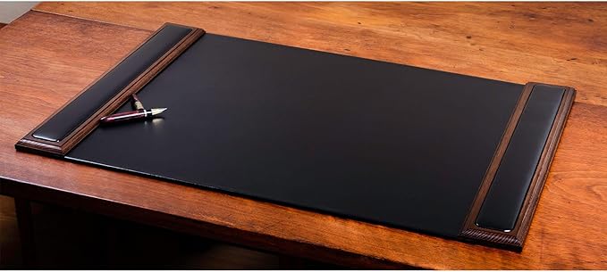 Dacasso 25.5” x 17.25” Walnut & Black Leather Desk Pad w/Side Rails - Luxury Desk Blotter for Writing - Padded Executive Desk Surface Protector | Desk Pads Blotters - TrueDesk