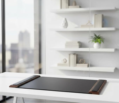 Dacasso 25.5” x 17.25” Walnut & Black Leather Desk Pad w/Side Rails - Luxury Desk Blotter for Writing - Padded Executive Desk Surface Protector | Desk Pads Blotters - TrueDesk