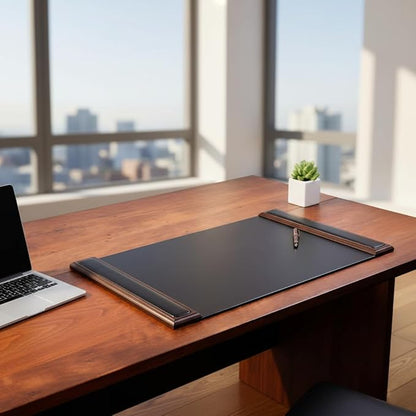 Dacasso 25.5” x 17.25” Walnut & Black Leather Desk Pad w/Side Rails - Luxury Desk Blotter for Writing - Padded Executive Desk Surface Protector | Desk Pads Blotters - TrueDesk