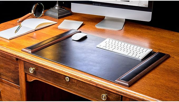 Dacasso 25.5” x 17.25” Walnut & Black Leather Desk Pad w/Side Rails - Luxury Desk Blotter for Writing - Padded Executive Desk Surface Protector | Desk Pads Blotters - TrueDesk