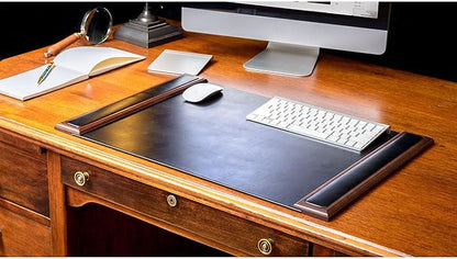 Dacasso 25.5” x 17.25” Walnut & Black Leather Desk Pad w/Side Rails - Luxury Desk Blotter for Writing - Padded Executive Desk Surface Protector | Desk Pads Blotters - TrueDesk
