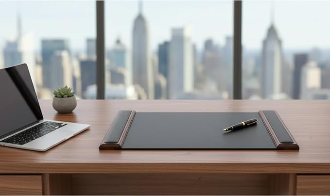 Dacasso 25.5” x 17.25” Walnut & Black Leather Desk Pad w/Side Rails - Luxury Desk Blotter for Writing - Padded Executive Desk Surface Protector | Desk Pads Blotters - TrueDesk