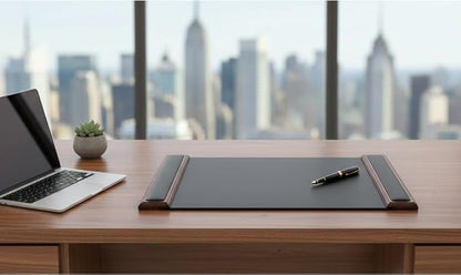 Dacasso 25.5” x 17.25” Walnut & Black Leather Desk Pad w/Side Rails - Luxury Desk Blotter for Writing - Padded Executive Desk Surface Protector | Desk Pads Blotters - TrueDesk