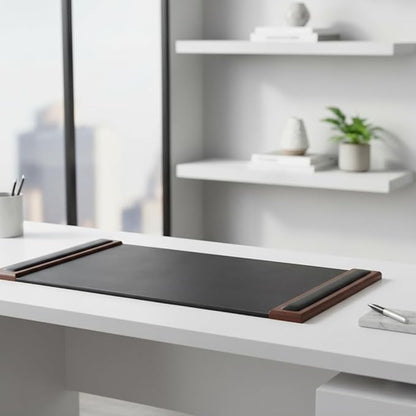 DACASSO Wood & Leather Desk Pad with Side Rails - Luxury Leather Desk Blotter for Writing - Padded Executive Desk Surface Protector - (Walnut & Black, 34” x 20”) | Desk Pads Blotters - TrueDesk