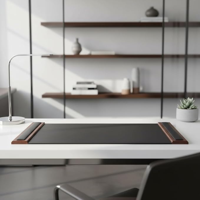 DACASSO Wood & Leather Desk Pad with Side Rails - Luxury Leather Desk Blotter for Writing - Padded Executive Desk Surface Protector - (Walnut & Black, 34” x 20”) | Desk Pads Blotters - TrueDesk
