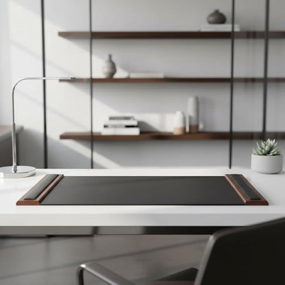 DACASSO Wood & Leather Desk Pad with Side Rails - Luxury Leather Desk Blotter for Writing - Padded Executive Desk Surface Protector - (Walnut & Black, 34” x 20”) | Desk Pads Blotters - TrueDesk