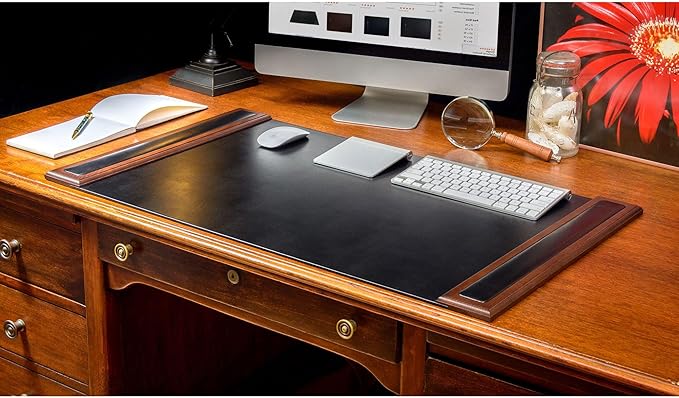 DACASSO Wood & Leather Desk Pad with Side Rails - Luxury Leather Desk Blotter for Writing - Padded Executive Desk Surface Protector - (Walnut & Black, 34” x 20”) | Desk Pads Blotters - TrueDesk