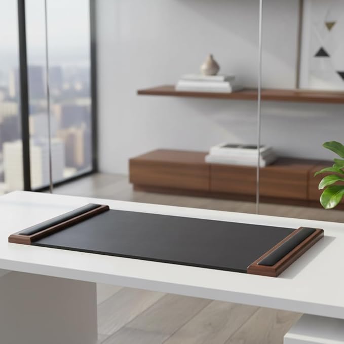 DACASSO Wood & Leather Desk Pad with Side Rails - Luxury Leather Desk Blotter for Writing - Padded Executive Desk Surface Protector - (Walnut & Black, 34” x 20”) | Desk Pads Blotters - TrueDesk