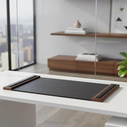 DACASSO Wood & Leather Desk Pad with Side Rails - Luxury Leather Desk Blotter for Writing - Padded Executive Desk Surface Protector - (Walnut & Black, 34” x 20”) | Desk Pads Blotters - TrueDesk