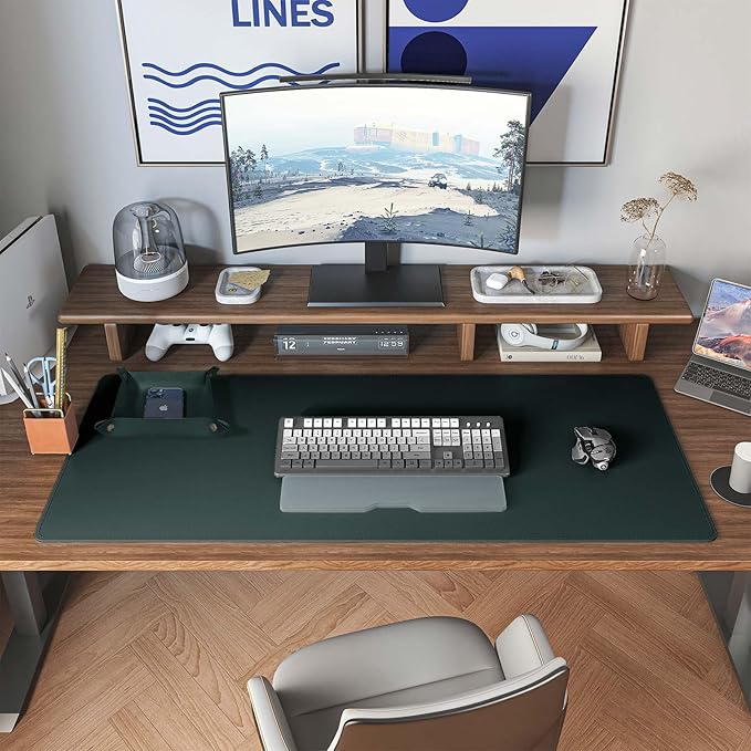 DAWNTREES Dark Green Desk Mat,Leather Desk Pad,35.5"x17",Cork Desk Mat Protector,with PU Leather Valet Tray Organizer,Large Mouse Pad,Desk Writing Pad for Office and Home | Desk Pads Blotters - TrueDesk