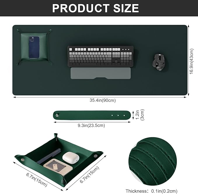 DAWNTREES Dark Green Desk Mat,Leather Desk Pad,35.5"x17",Cork Desk Mat Protector,with PU Leather Valet Tray Organizer,Large Mouse Pad,Desk Writing Pad for Office and Home | Desk Pads Blotters - TrueDesk