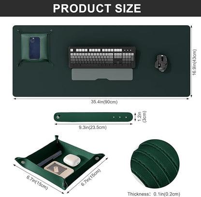 DAWNTREES Dark Green Desk Mat,Leather Desk Pad,35.5"x17",Cork Desk Mat Protector,with PU Leather Valet Tray Organizer,Large Mouse Pad,Desk Writing Pad for Office and Home | Desk Pads Blotters - TrueDesk