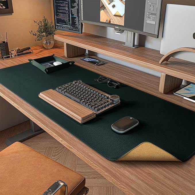 DAWNTREES Dark Green Desk Mat,Leather Desk Pad,35.5"x17",Cork Desk Mat Protector,with PU Leather Valet Tray Organizer,Large Mouse Pad,Desk Writing Pad for Office and Home | Desk Pads Blotters - TrueDesk