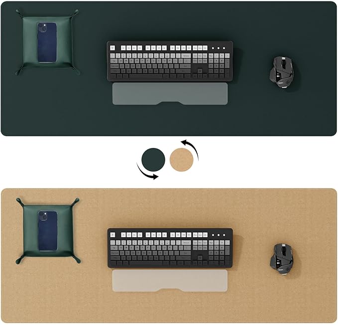 DAWNTREES Dark Green Desk Mat,Leather Desk Pad,35.5"x17",Cork Desk Mat Protector,with PU Leather Valet Tray Organizer,Large Mouse Pad,Desk Writing Pad for Office and Home | Desk Pads Blotters - TrueDesk