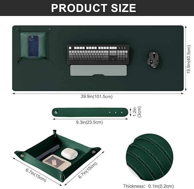 DAWNTREES Dark Green Desk Mat,Leather Desk Pad,40"x16",Cork Desk Mat Protector,with PU Leather Valet Tray Organizer,Large Mouse Pad,Desk Writing Pad for Office and Home | Desk Pads Blotters - TrueDesk
