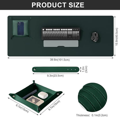 DAWNTREES Dark Green Desk Mat,Leather Desk Pad,40"x16",Cork Desk Mat Protector,with PU Leather Valet Tray Organizer,Large Mouse Pad,Desk Writing Pad for Office and Home | Desk Pads Blotters - TrueDesk