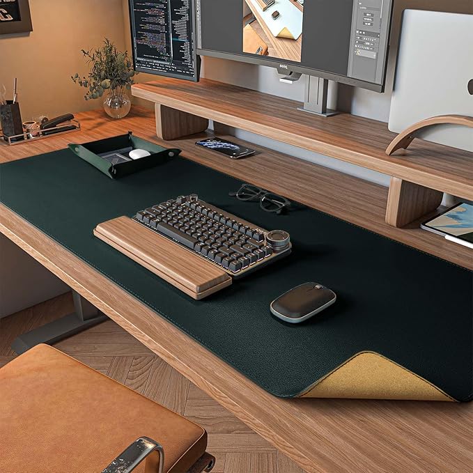 DAWNTREES Dark Green Desk Mat,Leather Desk Pad,40"x16",Cork Desk Mat Protector,with PU Leather Valet Tray Organizer,Large Mouse Pad,Desk Writing Pad for Office and Home | Desk Pads Blotters - TrueDesk