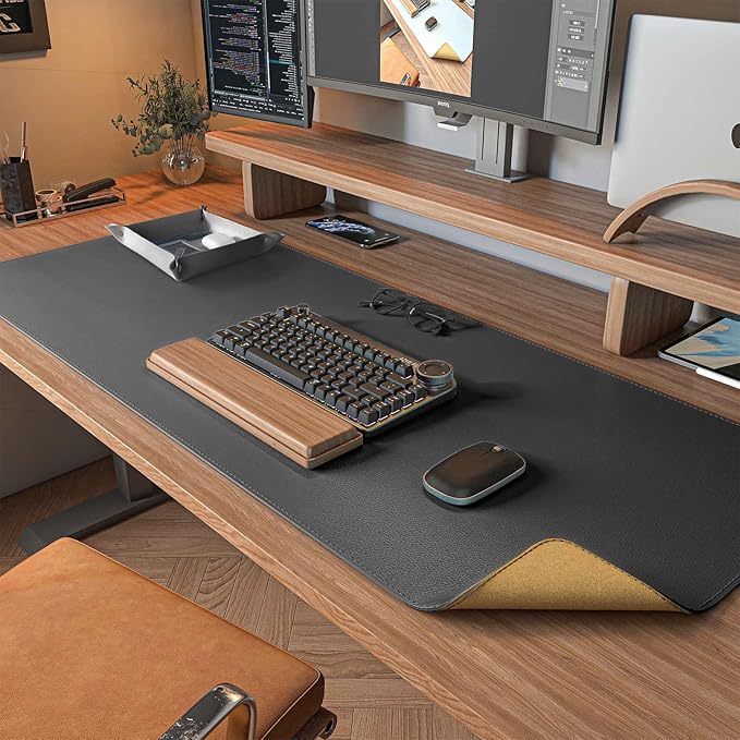 DAWNTREES Dual Sided Desk Mat,Leather Desk Pad,35.5"x17",Cork Desk Mat Protector,with PU Leather Valet Tray Organizer,Large Mouse Pad,Desk Writing Pad for Office and Home(Dark Gray) | Desk Pads Blotters - TrueDesk