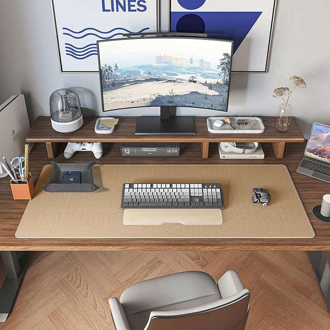 DAWNTREES Dual Sided Desk Mat,Leather Desk Pad,35.5"x17",Cork Desk Mat Protector,with PU Leather Valet Tray Organizer,Large Mouse Pad,Desk Writing Pad for Office and Home(Dark Gray) | Desk Pads Blotters - TrueDesk
