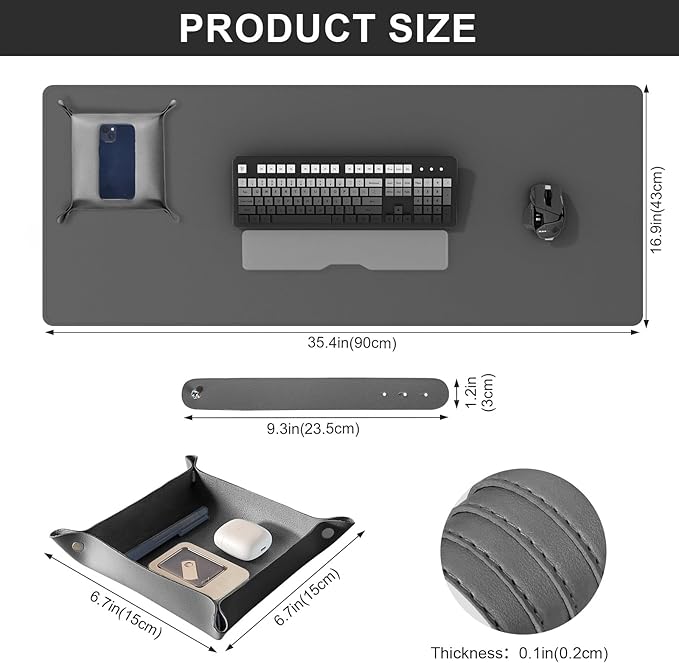DAWNTREES Dual Sided Desk Mat,Leather Desk Pad,35.5"x17",Cork Desk Mat Protector,with PU Leather Valet Tray Organizer,Large Mouse Pad,Desk Writing Pad for Office and Home(Dark Gray) | Desk Pads Blotters - TrueDesk