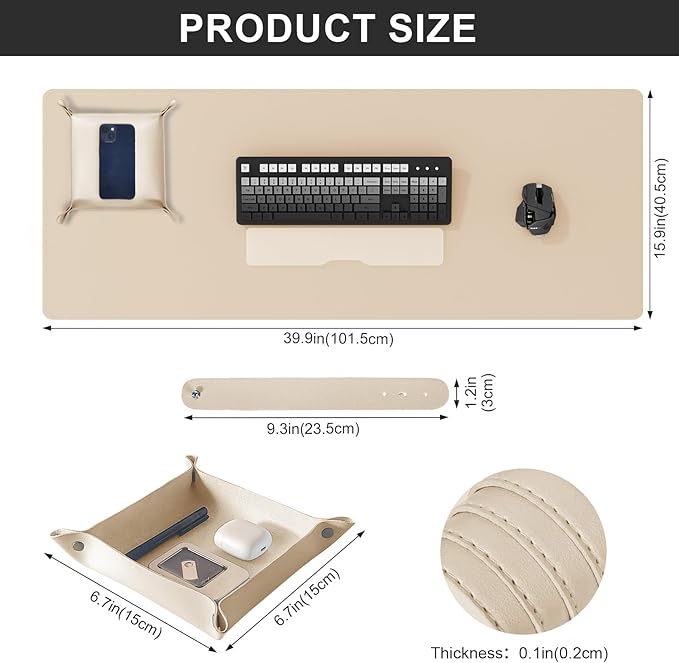 DAWNTREES Dual Sided Desk Mat,Leather Desk Pad,40"x16",Cork Desk Mat Protector,with PU Leather Valet Tray Organizer,Large Mouse Pad,Desk Writing Pad for Office and Home(Khaki) | Desk Pads Blotters - TrueDesk