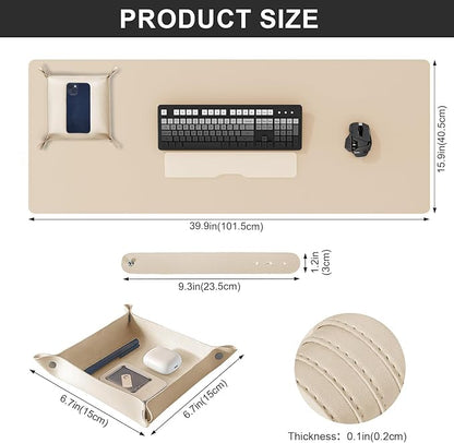 DAWNTREES Dual Sided Desk Mat,Leather Desk Pad,40"x16",Cork Desk Mat Protector,with PU Leather Valet Tray Organizer,Large Mouse Pad,Desk Writing Pad for Office and Home(Khaki) | Desk Pads Blotters - TrueDesk