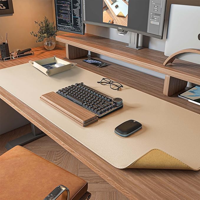 DAWNTREES Dual Sided Desk Mat,Leather Desk Pad,40"x16",Cork Desk Mat Protector,with PU Leather Valet Tray Organizer,Large Mouse Pad,Desk Writing Pad for Office and Home(Khaki) | Desk Pads Blotters - TrueDesk