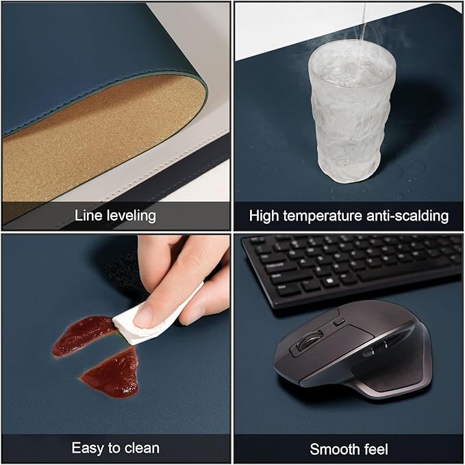 DAWNTREES Dual Sided Desk Mat,Leather Desk Pad,40"x16",Cork Desk Mat Protector,with PU Leather Valet Tray Organizer,Large Mouse Pad,Desk Writing Pad for Office and Home(Dark Blue) | Desk Pads Blotters - TrueDesk