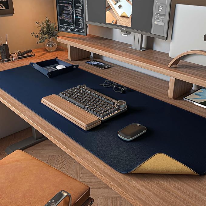DAWNTREES Dual Sided Desk Mat,Leather Desk Pad,40"x16",Cork Desk Mat Protector,with PU Leather Valet Tray Organizer,Large Mouse Pad,Desk Writing Pad for Office and Home(Dark Blue) | Desk Pads Blotters - TrueDesk