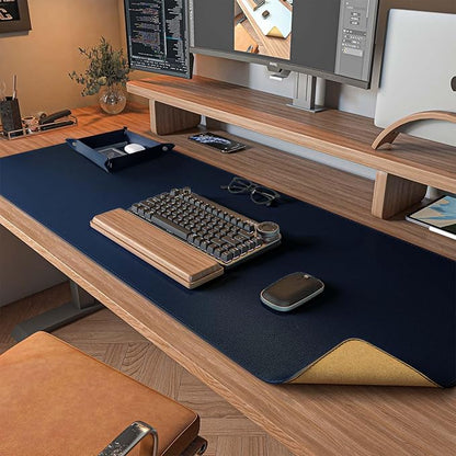 DAWNTREES Dual Sided Desk Mat,Leather Desk Pad,40"x16",Cork Desk Mat Protector,with PU Leather Valet Tray Organizer,Large Mouse Pad,Desk Writing Pad for Office and Home(Dark Blue) | Desk Pads Blotters - TrueDesk