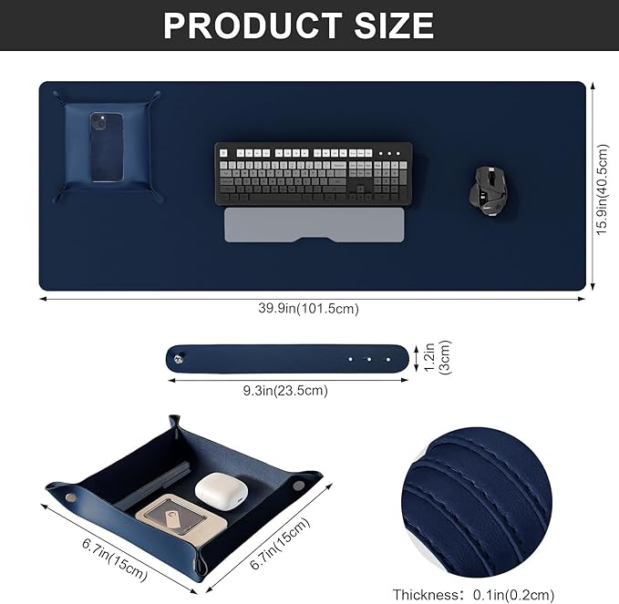DAWNTREES Dual Sided Desk Mat,Leather Desk Pad,40"x16",Cork Desk Mat Protector,with PU Leather Valet Tray Organizer,Large Mouse Pad,Desk Writing Pad for Office and Home(Dark Blue) | Desk Pads Blotters - TrueDesk