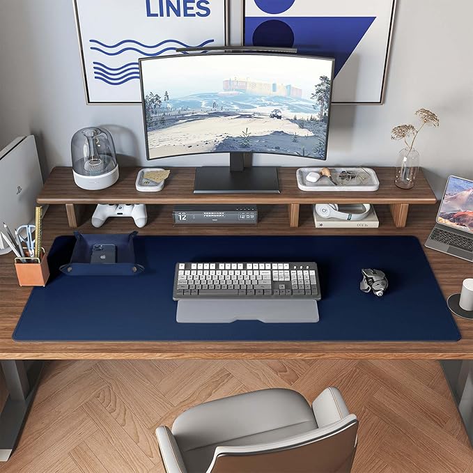 DAWNTREES Dual Sided Desk Mat,Leather Desk Pad,40"x16",Cork Desk Mat Protector,with PU Leather Valet Tray Organizer,Large Mouse Pad,Desk Writing Pad for Office and Home(Dark Blue) | Desk Pads Blotters - TrueDesk