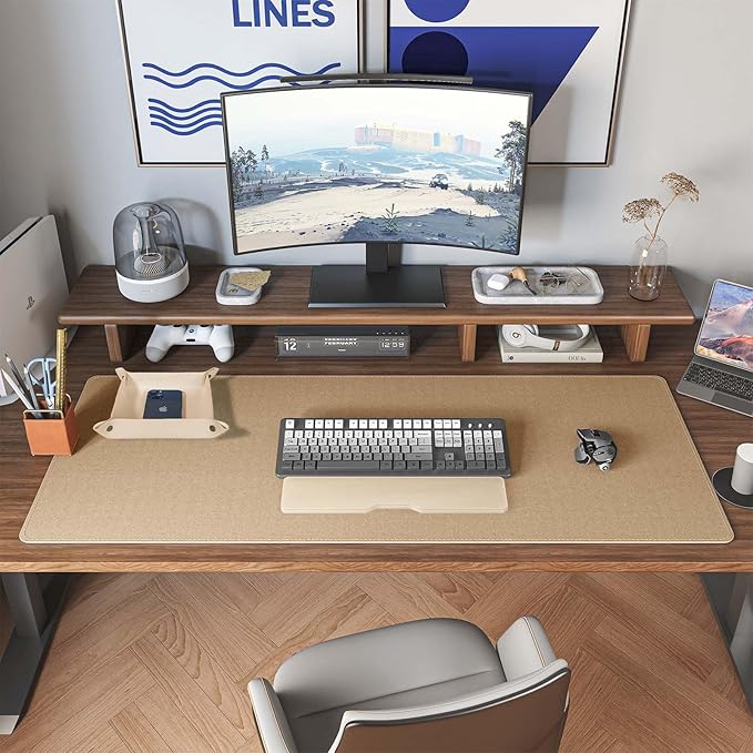 DAWNTREES Dual Sided Desk Mat,Leather Desk Pad,40"x16",Cork Desk Mat Protector,with PU Leather Valet Tray Organizer,Large Mouse Pad,Desk Writing Pad for Office and Home(Khaki) | Desk Pads Blotters - TrueDesk