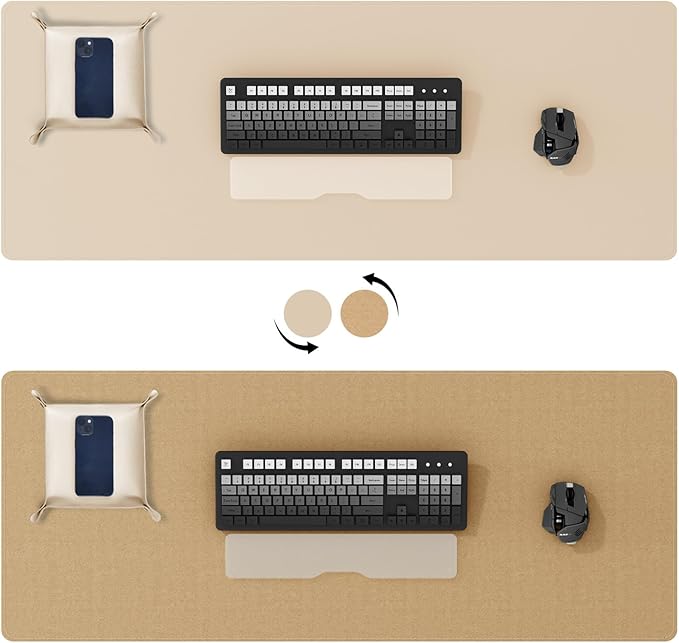DAWNTREES Dual Sided Desk Mat,Leather Desk Pad,40"x16",Cork Desk Mat Protector,with PU Leather Valet Tray Organizer,Large Mouse Pad,Desk Writing Pad for Office and Home(Khaki) | Desk Pads Blotters - TrueDesk